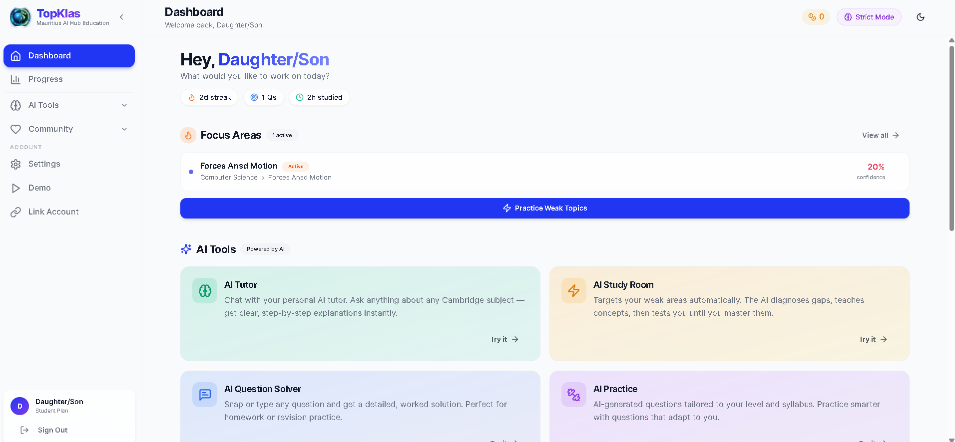 TopKlas AI education dashboard with AI Tutor, Study Room, Question Solver and Practice
